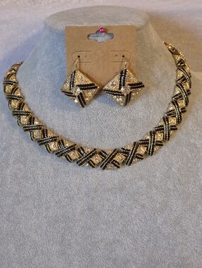 Vintage Gold and Black Geometric Braided Crystal Necklace & Earring Set